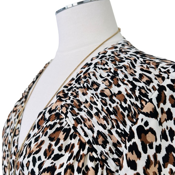 DR2 Leopard Dress Shirred Detail Elastic Waistband Pockets Brown Cream Sz M - Picture 3 of 14